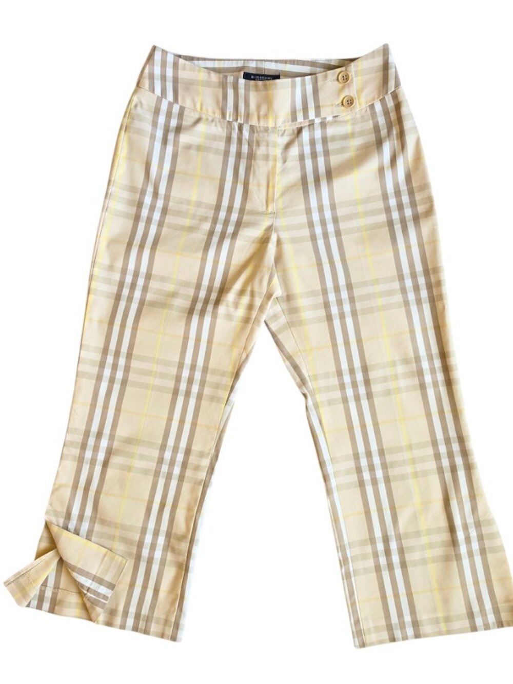 Vtg Burberry London Capri Pants Pastel Beige Check Yellow Pinstripe US 4 Italy